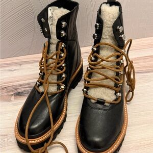 Marc Fisher Black Leather Women's Boots with Faux Shearling, Size 6M - New